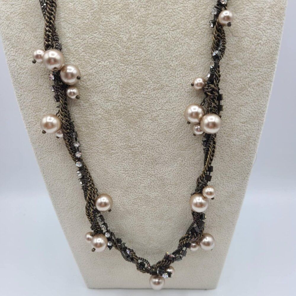 J Crew Copperish Necklace with Faux Pearls and Clear Crystals - Picture 10 of 13
